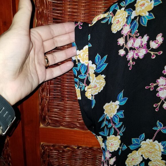 Pink Rose Beautiful Black Yellow Floral Sheer Cap Sleeve Blouse Medium - Picture 5 of 11